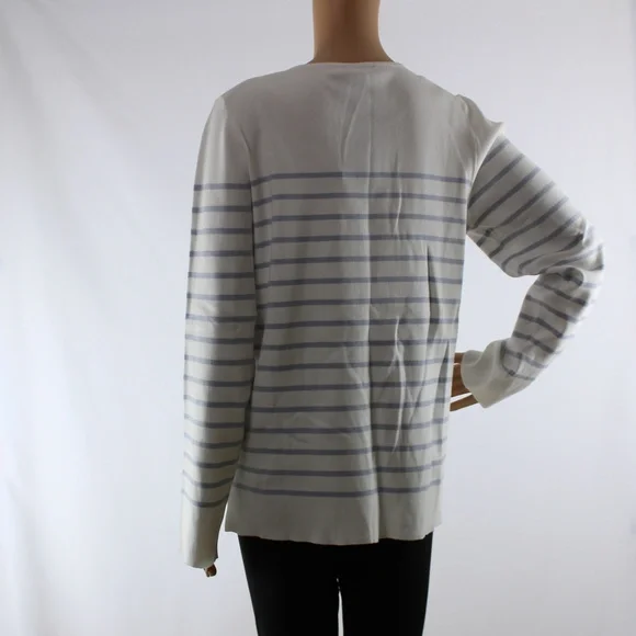 Kirkland | Ladies Gray & Cream Crewneck Long Sleeve Sweater Striped Top - Picture 4 of 6